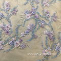 Purple Handmade Beaded Crystal Lace Fabric